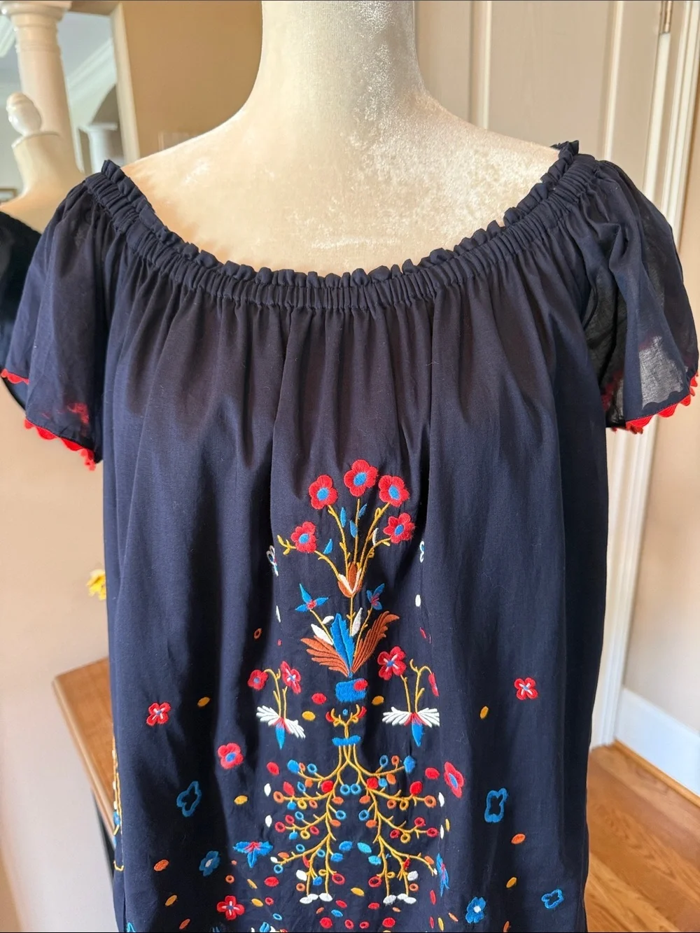 Tory Burch Embroidered On or Off Shoulder Peasant Tunic Dress Navy Size Small